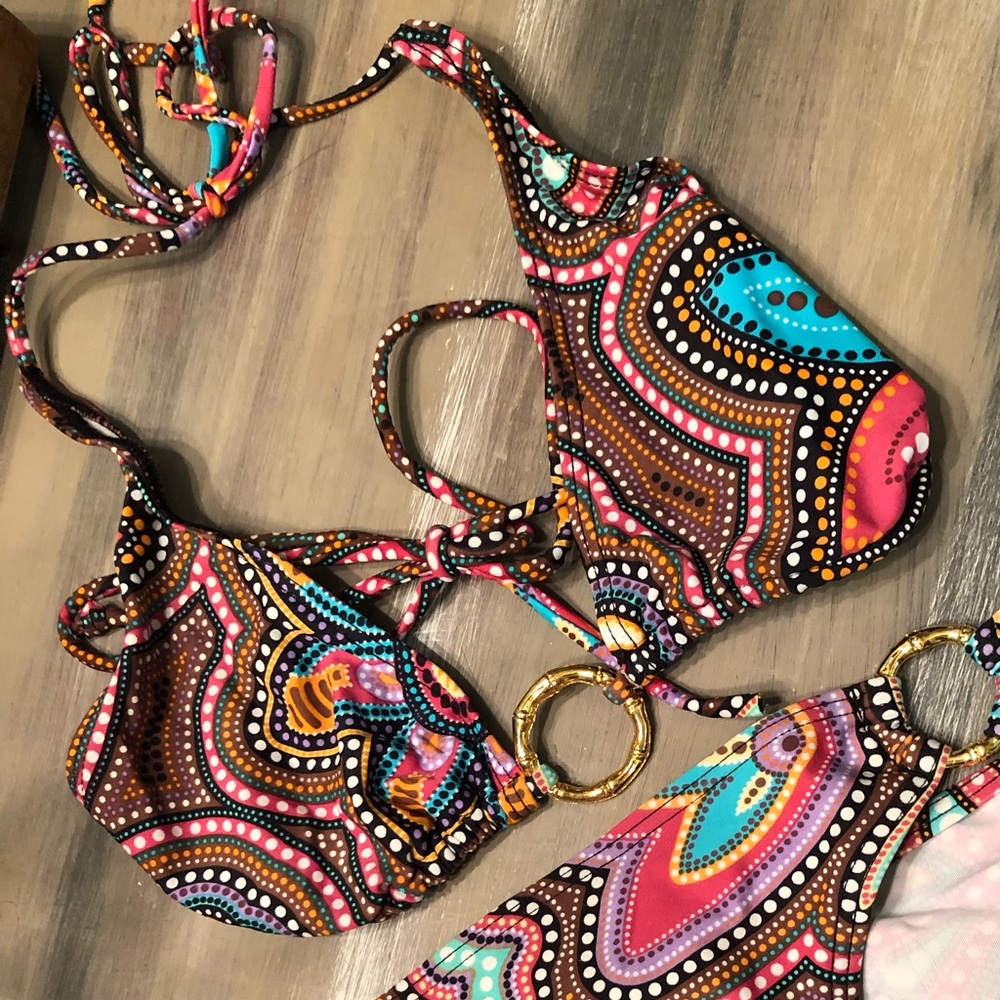 Multicolored bikini with gold bamboo details